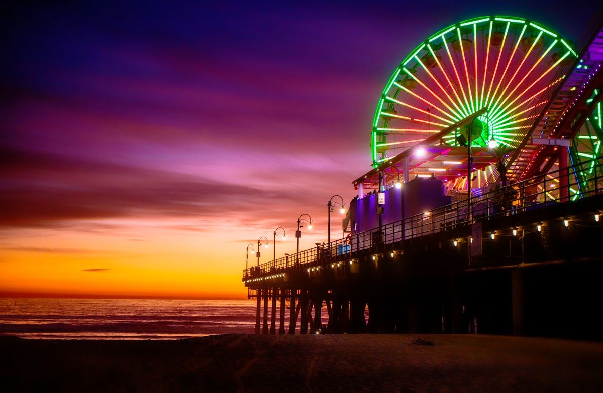 Pier during sunset, amusement park, Santa Monica Pier, California